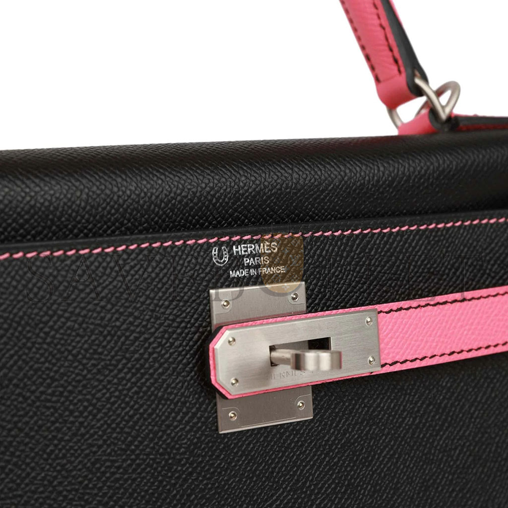 HERMÈS MASTER KELLY 25 BLACK AND ROSE AZALEE EPSOM HARDWARE (25*17*7cm) 